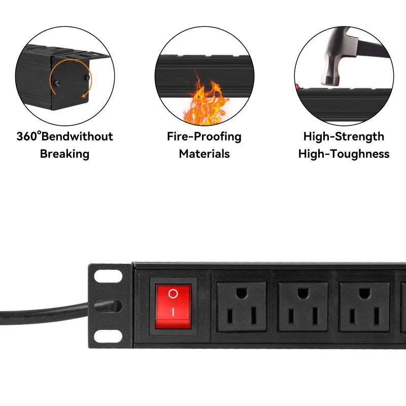 BTU Power Strip Surge Protector Rack-Mount PDU, 12-Outlet Power Strip with Switch, Metal Mountable Heavy Duty for Server Racks, Garage, Shop Workbench, Industrial Commercial Use (Black 6FT) - Image 4
